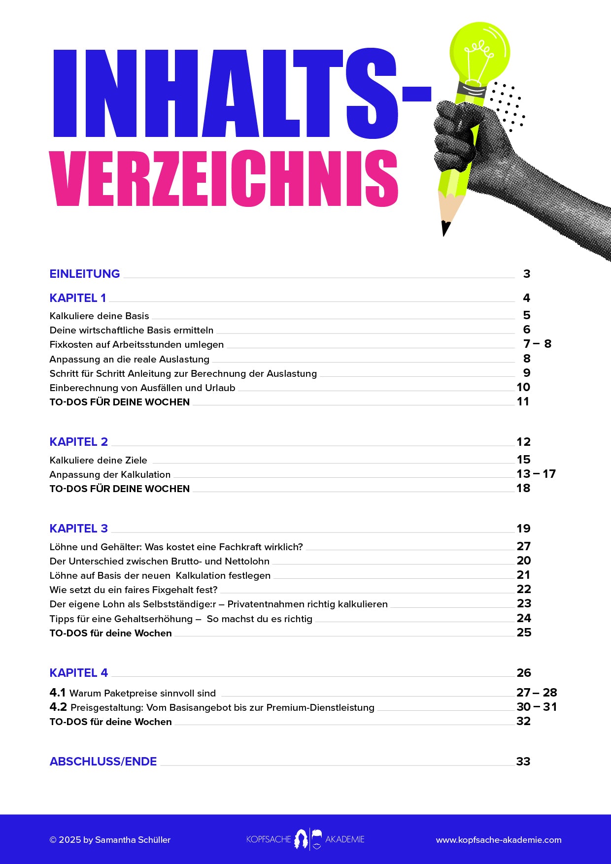 Inhaltsverzeichnis des Kalkulations-Guide.