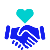Pictogram zwei blau Haende geben sich die Hand darueber ein tuerkis farbenes Herz