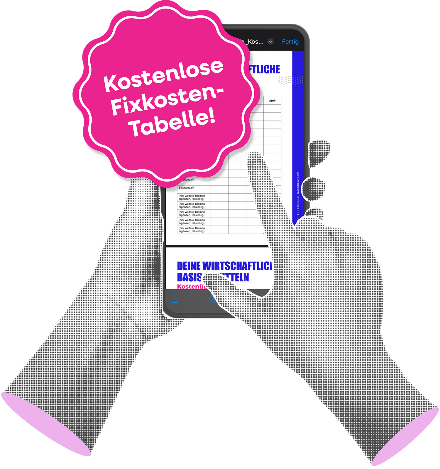 linke Hand haelt ein Smartphone, rechte Hand tippt. Pinker Stoerer mit Schriftzug 